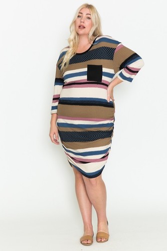 Rib Striped Side Ruched 3/4 Sleeve Midi Dress - Picture 1 of 5