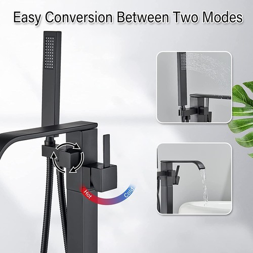 Black Floor Mount Bathtub Faucet Freestanding Tub Filler Waterfall Spout Mix Tap - Picture 4 of 13