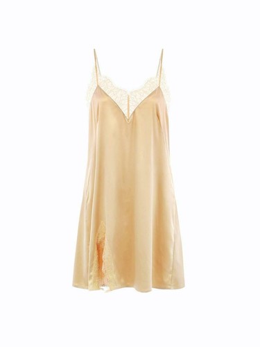 Women's Lingerie Sleepwear Pajama Champagne Silky Vintage Lace-Trim Slip Dress  - Picture 6 of 7