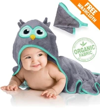 Baby Hooded Owl Towel | Organic Fabric | Free Washcloth | All Ages | NEW