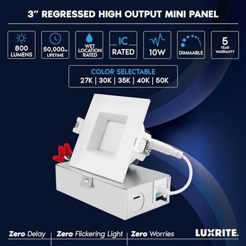 3 Inch Square LED Recessed Ceiling Light with Junction Box, 10W, 5CCT - Picture 8 of 8