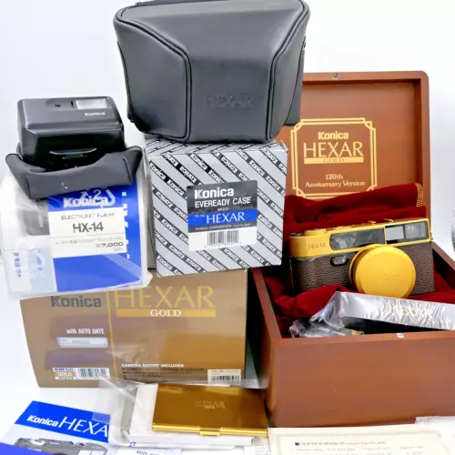 Konica Hexar Gold AF 120th Anniversary 35mm Film Camera Kit, ALL BOXES, TOP MINT