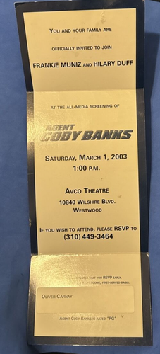 AGENT CODY BANKS RED CARPET PREMIERE TICKET FRANKIE MUNIZ HILARY DUFF RARE - Picture 3 of 5