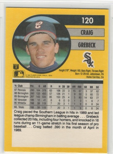1991 Fleer Baseball #120 Graig Grebeck Rookie Card RC White Sox - 第 2/2 張圖片