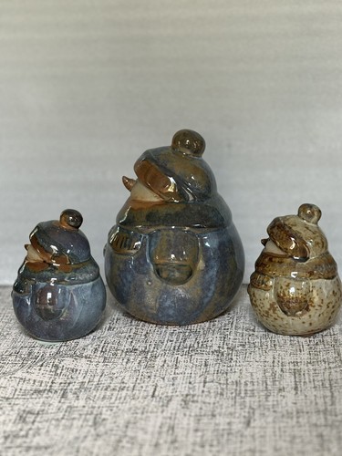 3 Ceramic Pottery Snowmen Blue Glazed Jolly Round Snow Person Winter Figurine - Picture 2 of 9