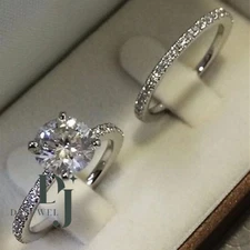 Bridal Set Moissanite Engagement Ring Solid 14k White Gold 2.50 Carat Round Cut