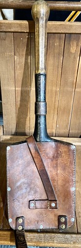 WWII Swiss Army Military Grade Forged Metal Shovel w/ Leather Cover