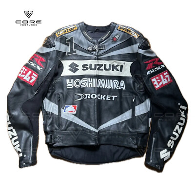 BLACK YOSHIMURA SUZUKI LEATHER RACING JACKET ARMOR PROTECTED