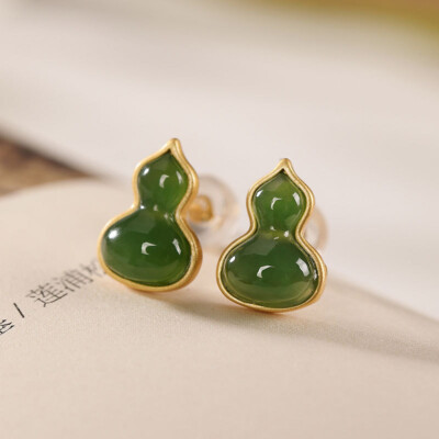 Gold Over Real 925 Sterling Silver Natural Green Jade Gourd Stud Earrings