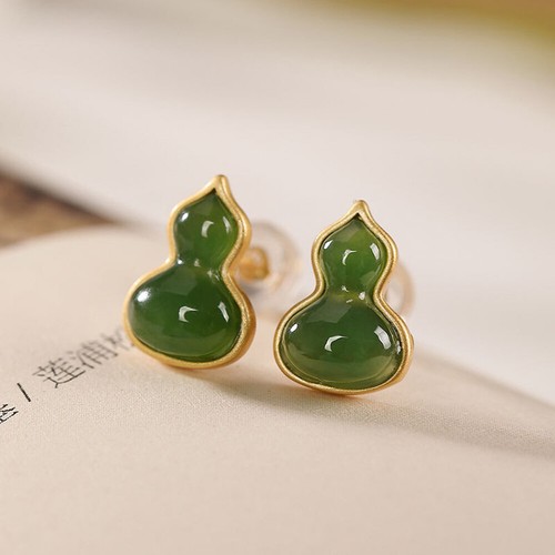 Gold Over Real 925 Sterling Silver Natural Green Jade Gourd Stud Earrings - Picture 1 of 4