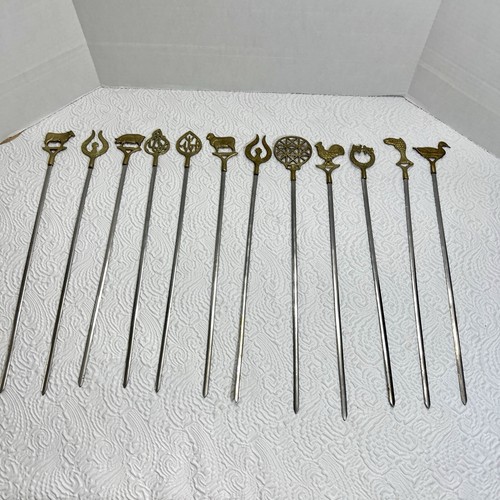 12 Vintage Turkish Meat Skewers Shish Kabob Brass Greek Metal Swords XL 16”