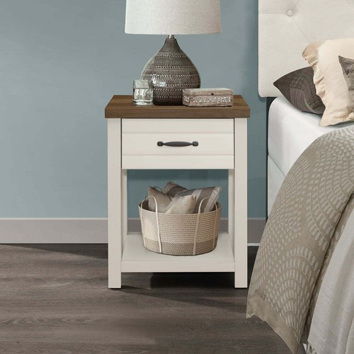 Nightstand Set of 2 Farmhouse Oak Top 1-Drawer Ivory Wood Side Tables End Accent - Picture 10 of 12