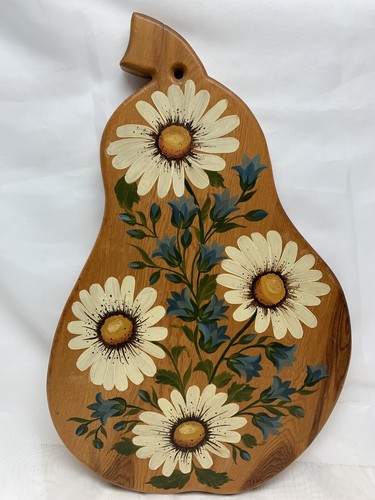 Vintage Boho Handpainted Daisies Wooden Pear Shaped Wall Counter Decor