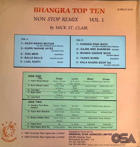 Bhangra Top 10 Non-Stop Remixes Vol 1 By Mick St Clair - Bhangra Vinyl Record LP - Imagen 2 de 2