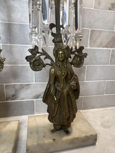 Set Of Girandole Candlesticks With Marble Bases Glass Prisms Sultanas - Picture 3 of 16