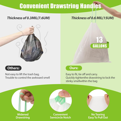 Large Trash Bags 13 Gallon Tall Drawstring 100% Post-Consumer Recycled Garbage B - Picture 2 of 7