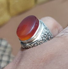 Natural Brown Agate Ring Big Carnelian Yemeni Agate Ring Silver Engraved Ring