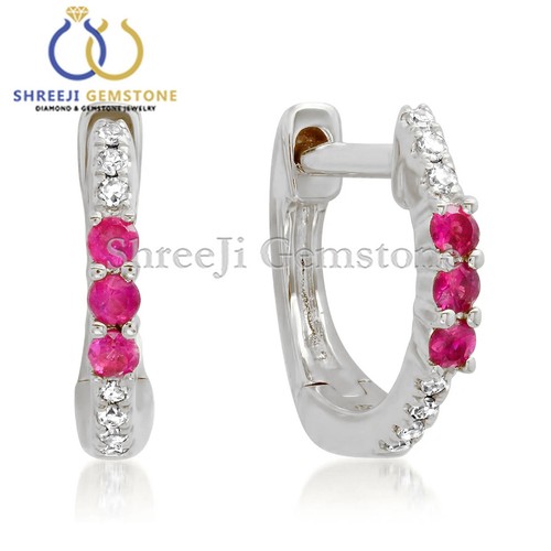 Natural Diamond & Ruby Huggie Hoop Earrings Solid 14k Gold Jewelry Gift For Her - Picture 5 of 5