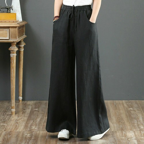 Womens Cotton Linen Casual Baggy Waist Long Elastic High Wide Leg Pants Trousers - Picture 6 of 12