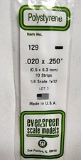 Evergreen Scale Models Plastic # 129 - .020" x .250" x 14" - 10 Styrene Strips