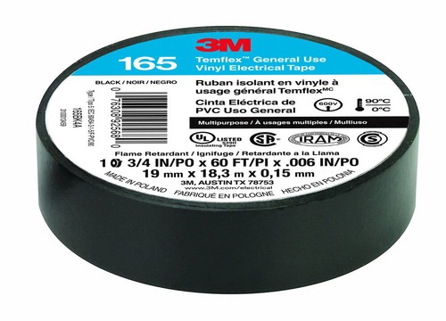 3M Temflex Vinyl Electrical Tape 165 Multi-purpose 3/4" X 60FT Black 100 Rolls - Picture 5 of 5