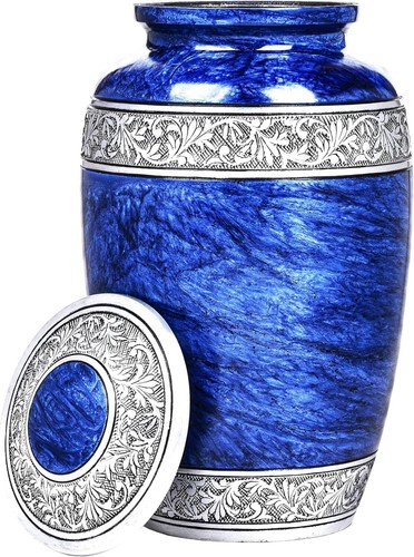 Funeral Urn Cremation Blue for Human Ashes With Customizable Velvet Bag - Picture 4 of 5