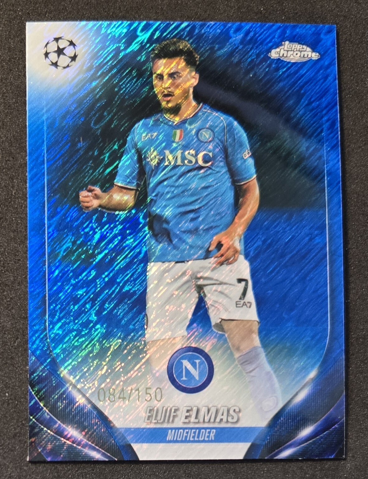 2023-24 Topps Chrome UEFA Eljif Elmas Blue Shimmer Refractor #84/150 NAPOLI