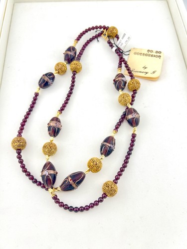 Vintage 36” Necklace Garnet Gold Filigree Purple Handblown Glass NOS RO-DO BL - Picture 6 of 12