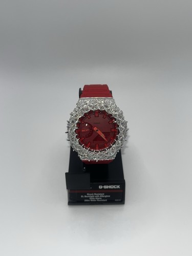 Moissanite 925 Silver Iced Red Casio G Shock GA-2100 Watch - Picture 1 of 14
