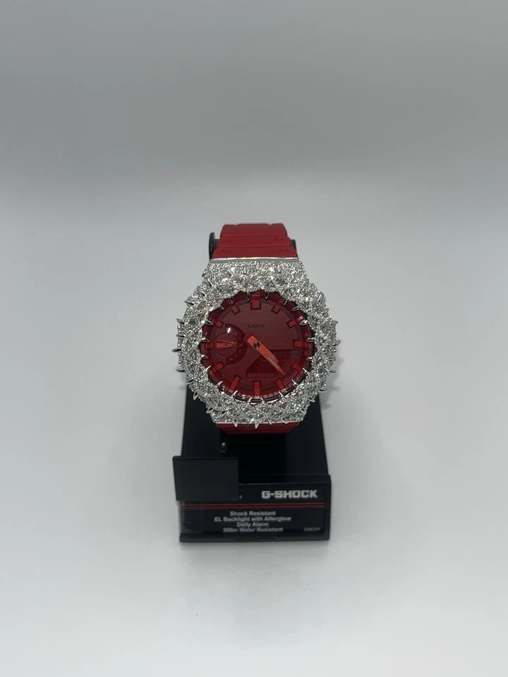 Moissanite 925 Silver Iced Red Casio G Shock GA-2100 Watch