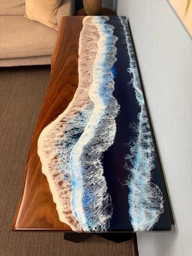 Blue coastal console Table with Live Edge Wood Handmade epoxy console table - Picture 6 of 16