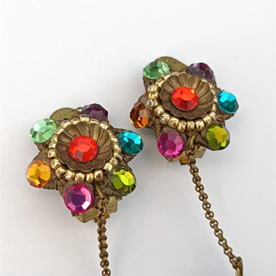 Vintage Michal Negrin Clip On Earrings Long Dangle Colorful Crystal Floral Early - Image 4 of 4
