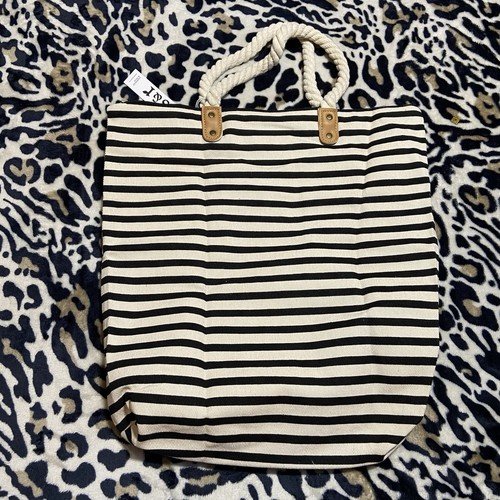 Summer & Rose Nautical Beach Tote Bag Blue Cream Canvas Stripe Rope Handles NWT - Picture 3 of 5