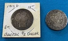 2 Barber 90% SILVER HALF DOLLARS  50C Cent Fifty 1915-D, 1909