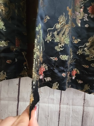 Vintage Golden Dragon Kimono Morgenmantel schwarz Seide 3/4 Arm bunte Streifen Linie - Bild 12 von 15