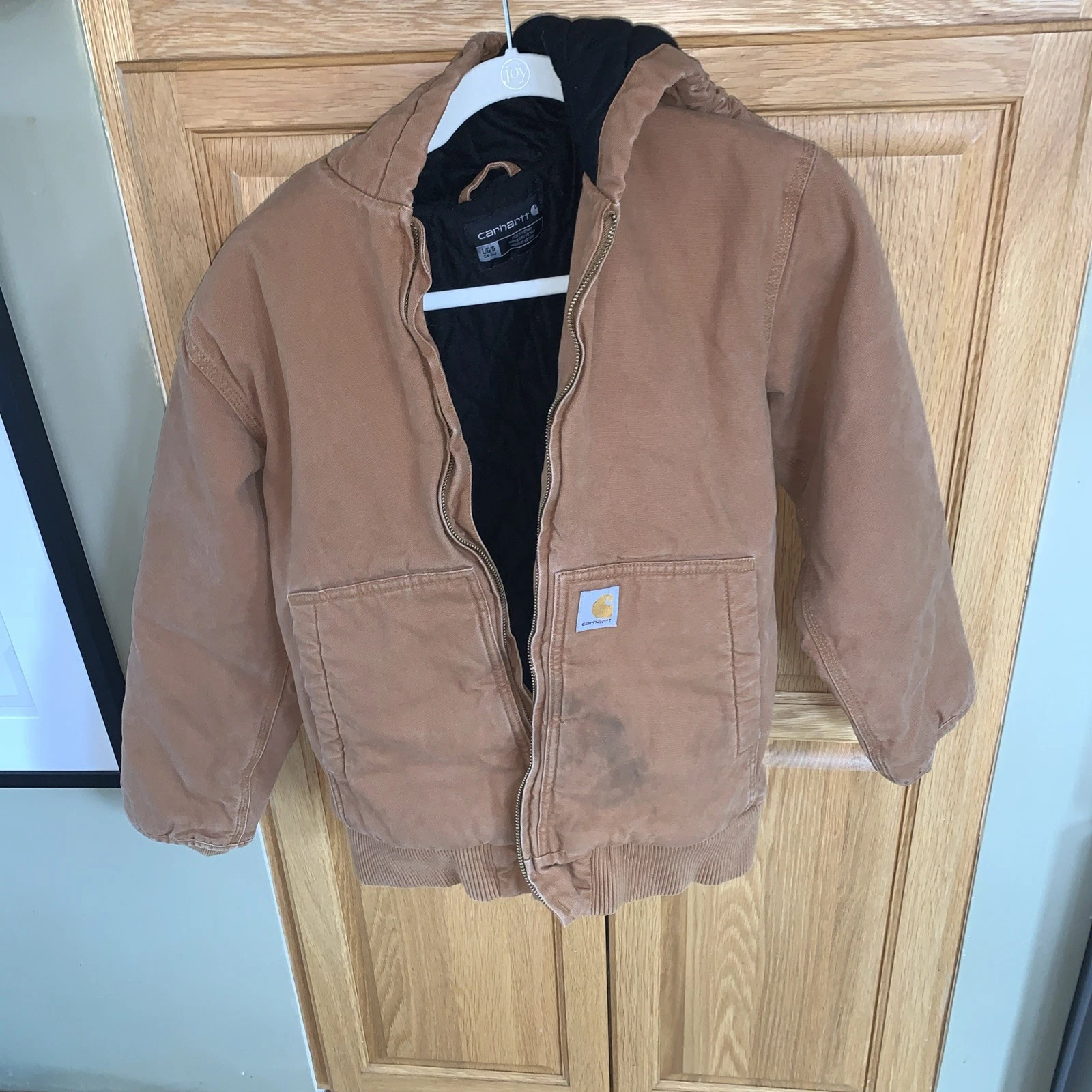 Carhartt Youth Active Jacket Brown Hooded Quilted Lined Zip Front Size L 14–16