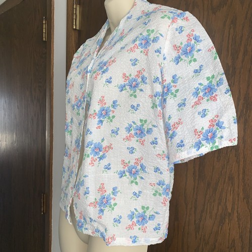 Vintage Seersucker Bettjacke Gr. L Cottagecore Prairie Granny leicht luftig weiß geblümt - Bild 3 von 5