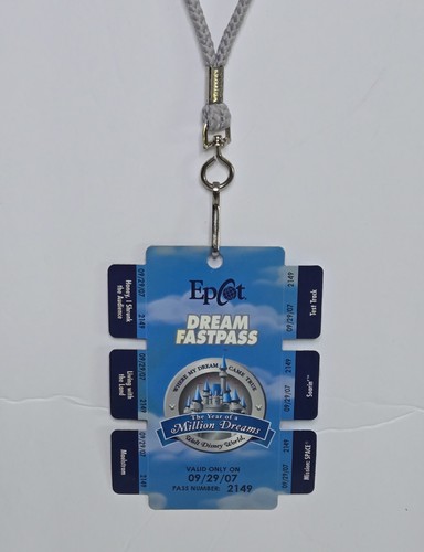 EPCOT Dream FastPass Lanyard – Year of a Million Dreams 2007 Unused All 6 passes