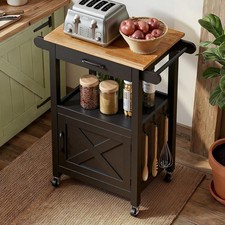 Kitchen Cart on Wheels Mobile Island Butcher Block Worktop Barn Door Towel Rail