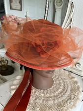 Vtg 50s Rust Orange Hat Tulle Veil  Floral Accents Satin Bow Edwardian Retro