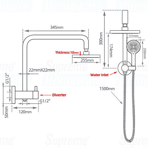 ACA Shower Head Set 10'' Round/12" Rectangle Black/Chrome Gooseneck /Mixer Taps - Picture 9 of 84