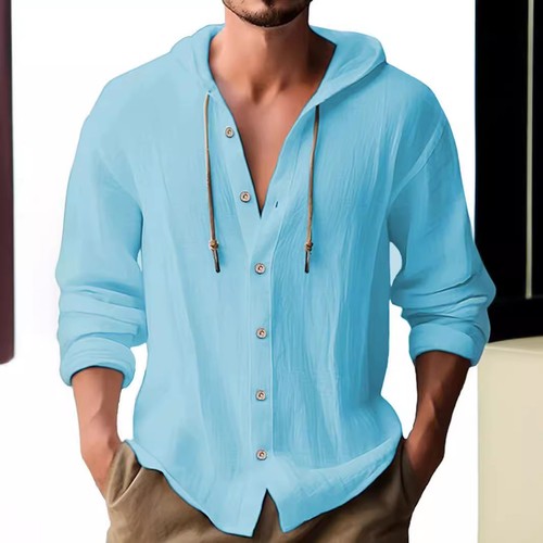 NEW men's hooded T-shirt solid color cotton linen men's casual long sleeved top - Picture 17 of 28