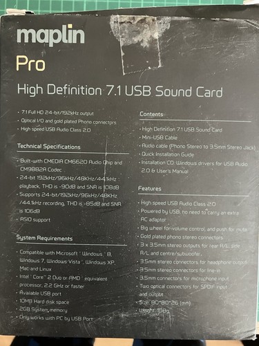 Maplin Pro USB 7.1 HD SOUND AUDIO CARD Digital Optical 24bit A01NC Djing RCA Out - Afbeelding 2 van 8