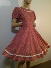 Vtg 60s Pink Calico  Lace Puff Sleeve Full Sweep Square Dance SWING Dress S