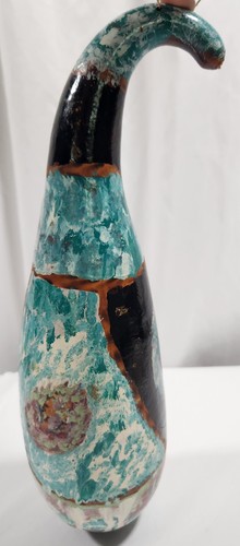Vintage 80's Handpainted Black/Teal Abstract Style 13" Gourd - Picture 3 of 6