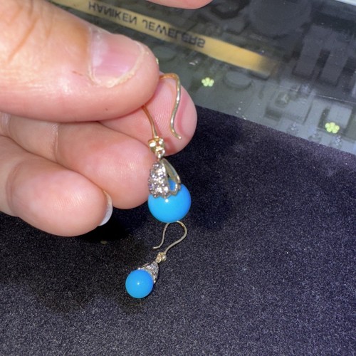 Sleeping Beauty Turquoise Dangle Earrings Solid 14kt Yellow Gold With Diamonds - Picture 5 of 10
