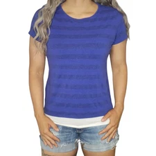 Blue Striped Shirt Womens PM Medium Petite Horizontal Sparkly Shimmer Cap Sleeve