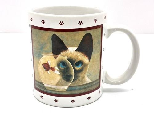 Vintage Lowell Herrero Mug Siamese Cat and Fishbowl 1986 Porcelain 10oz - Picture 1 of 7