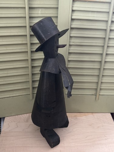 14" Tall Grubby Primitive Rustic Tin & Wood Charcoal Black Farmhouse Snowman - Picture 8 of 24