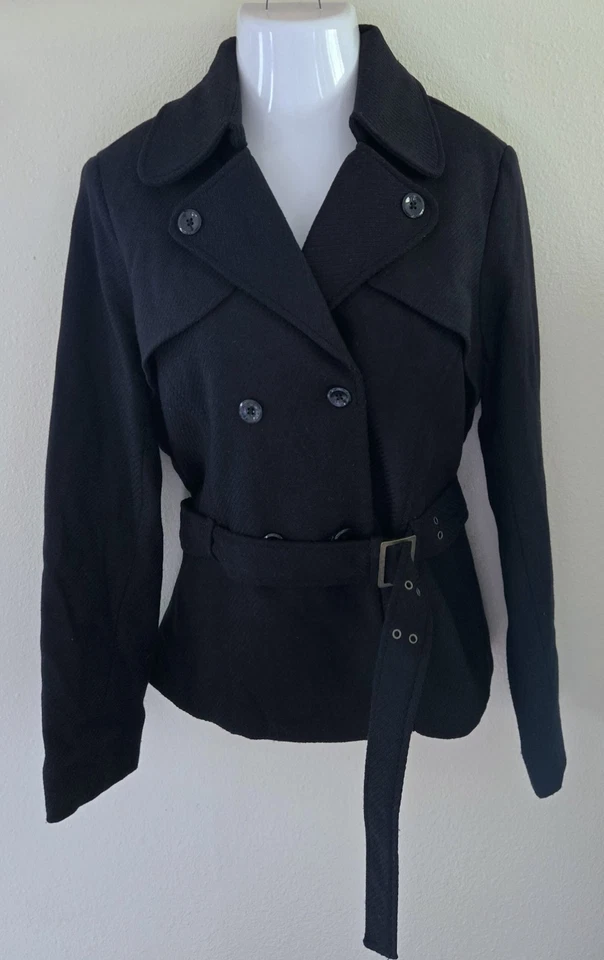 Abrigo largo medio vintage antiguo azul marino para mujer mezcla de lana forrado invierno con cinturón XL Foto 2 de 4